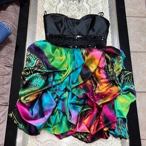 Rainbow strapless satin mini dress